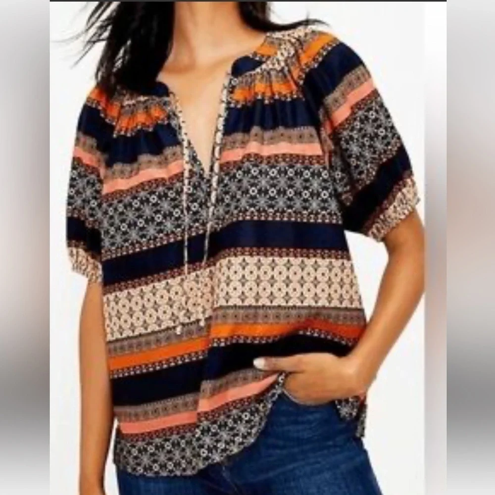 LOFT 'Foulard' Tie Neck Puff Sleeve Top Mixed Bohemian Print Cotton Size MP